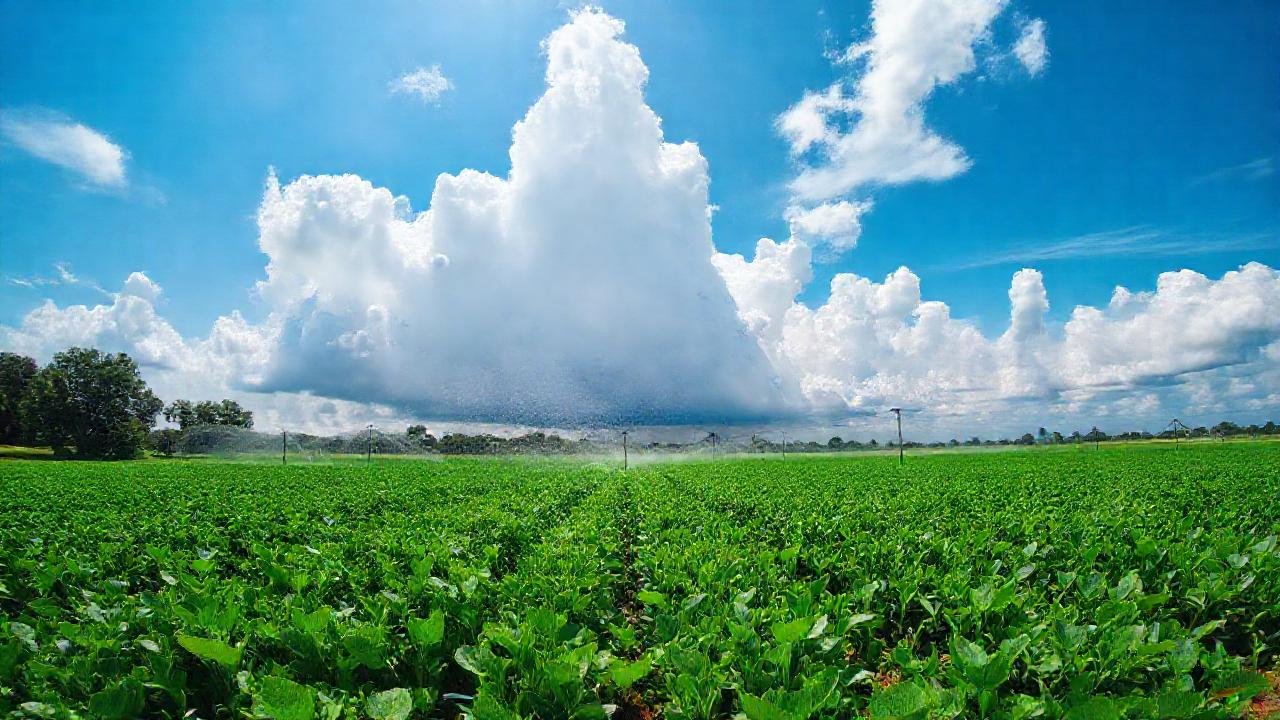 La granja florece bajo el cielo azul