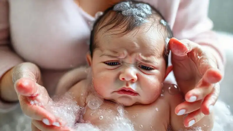 Mamá calma a su bebé con burbujas