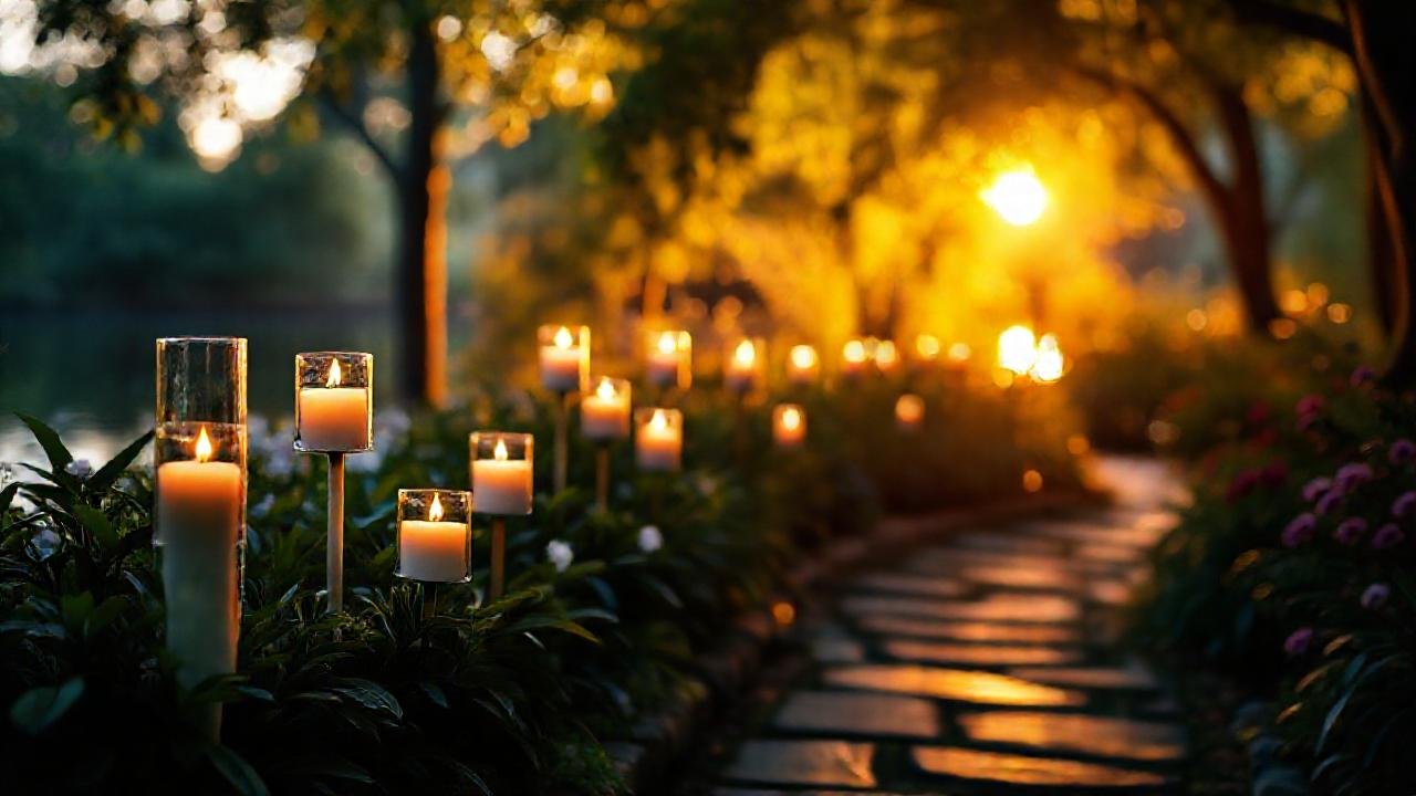 Un jardín romántico y sereno al atardecer