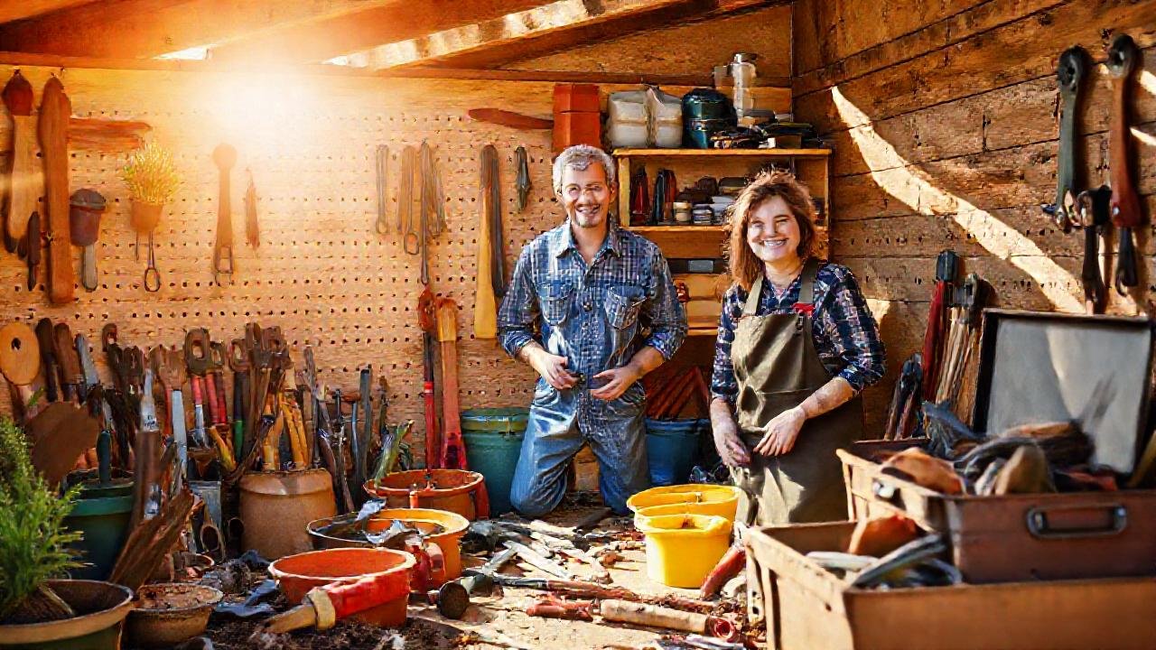 Un jardinero feliz organiza sus herramientas