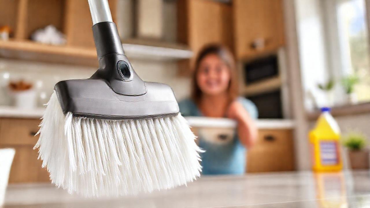 Un aspirador eléctrico limpia una cocina brillante