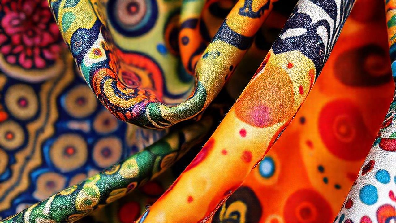 Patrones vibrantes y textiles se exhiben