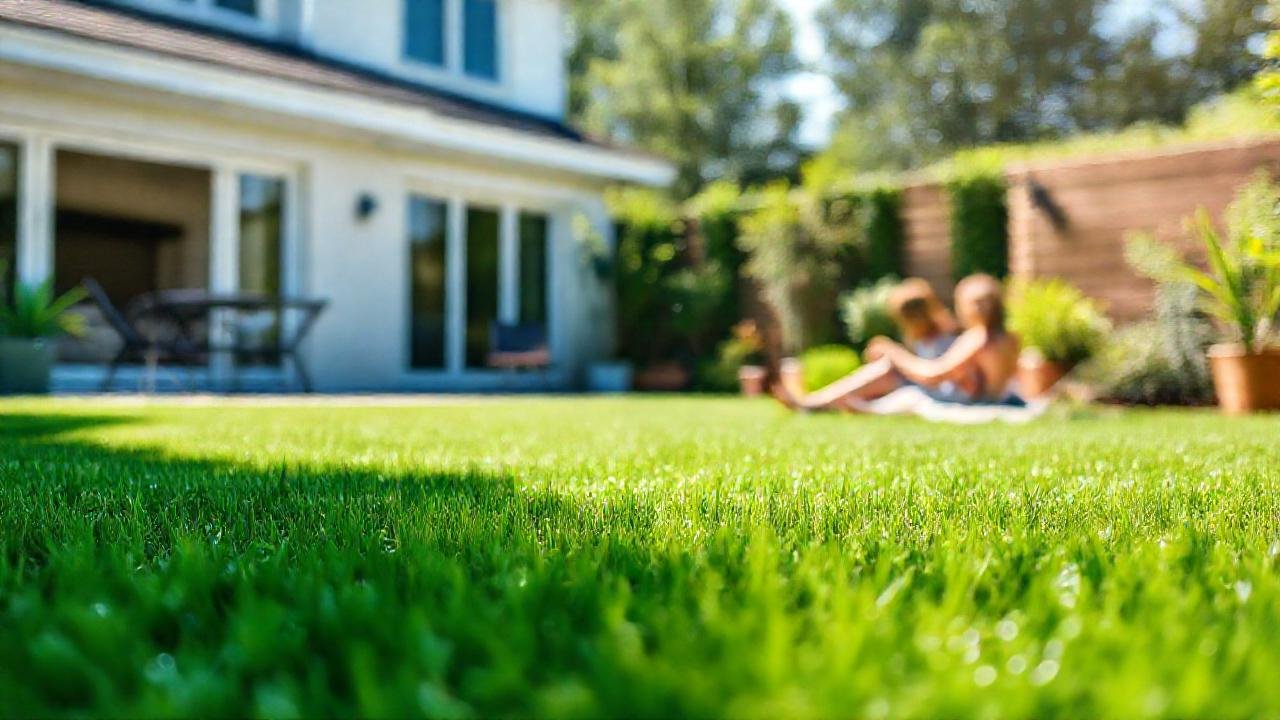 Familia relajada en césped artificial sostenible