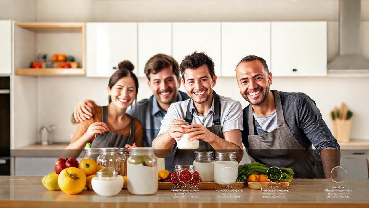 Familia feliz hace yogur moderno
