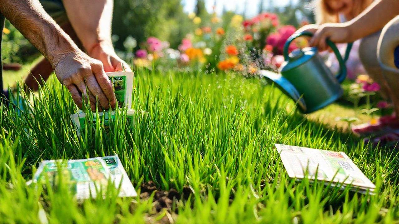 Familia planta césped en jardín