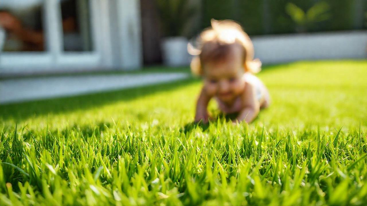 El césped artificial reluce felizmente bajo el sol