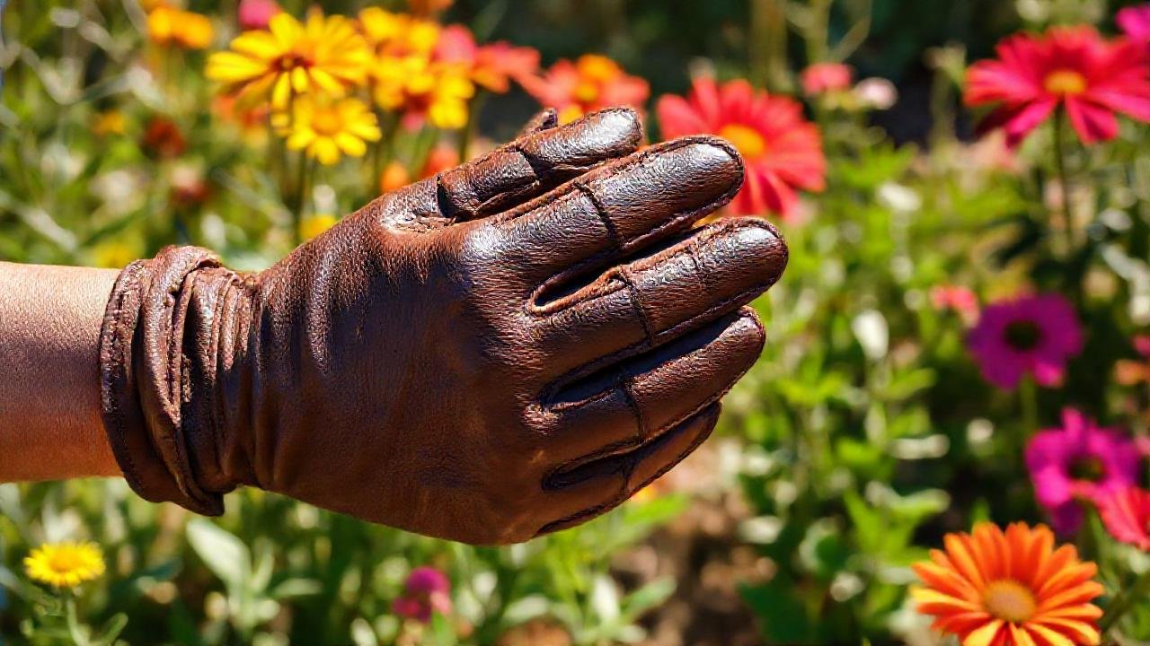 Guantes de jardinería en un jardín soleado