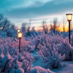 Un jardín nevado brilla con calma