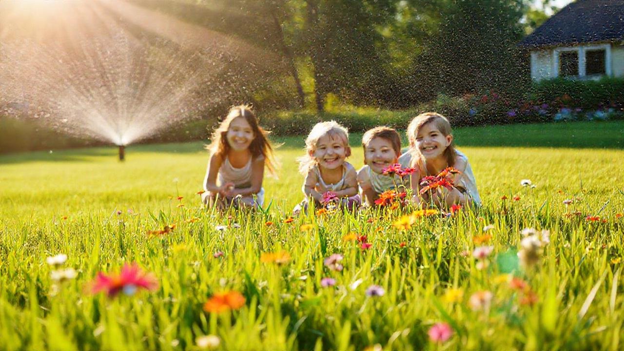 Familia feliz en un jardín vibrante