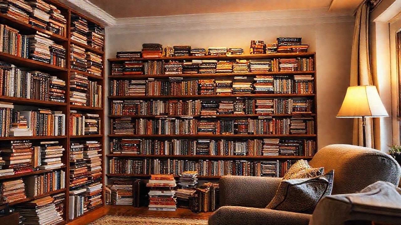Un salón acogedor con libros apilados