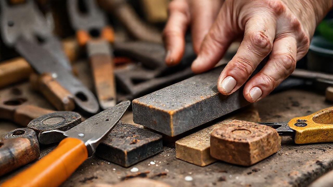 Herramientas de jardinería brillan en un taller