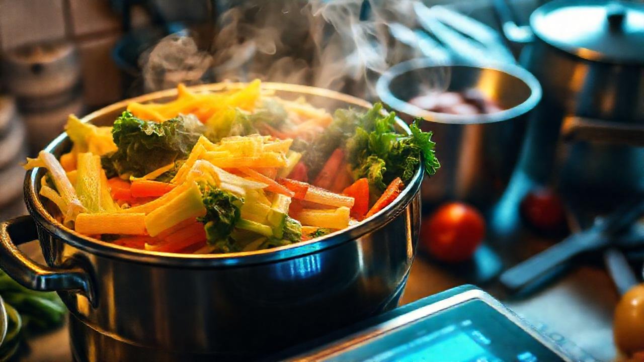 Vegetales al vapor, cocina atractiva y colorida