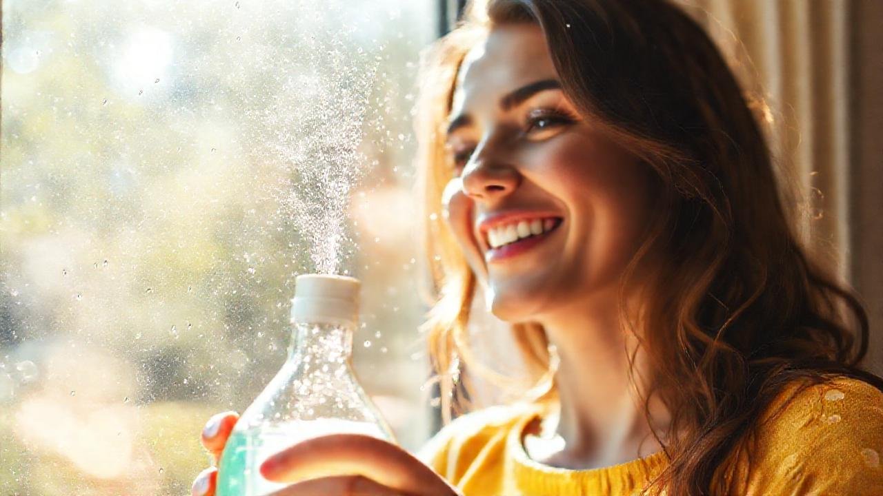 Una mujer limpia ventanas con sol