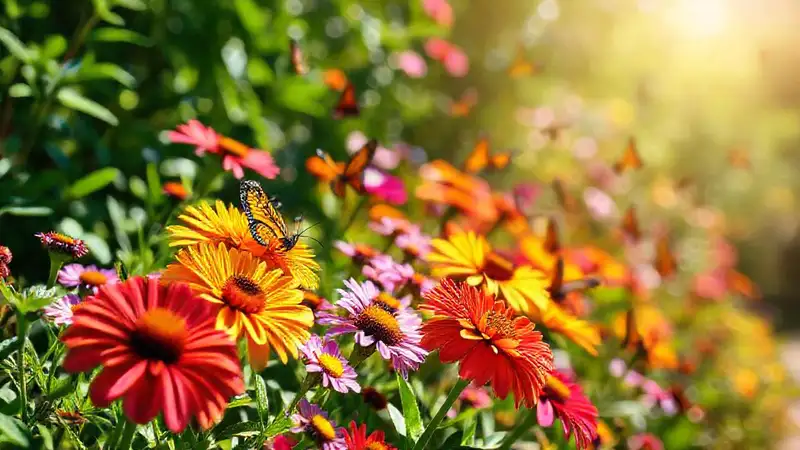 Mariposas danzan en jardín floreciente