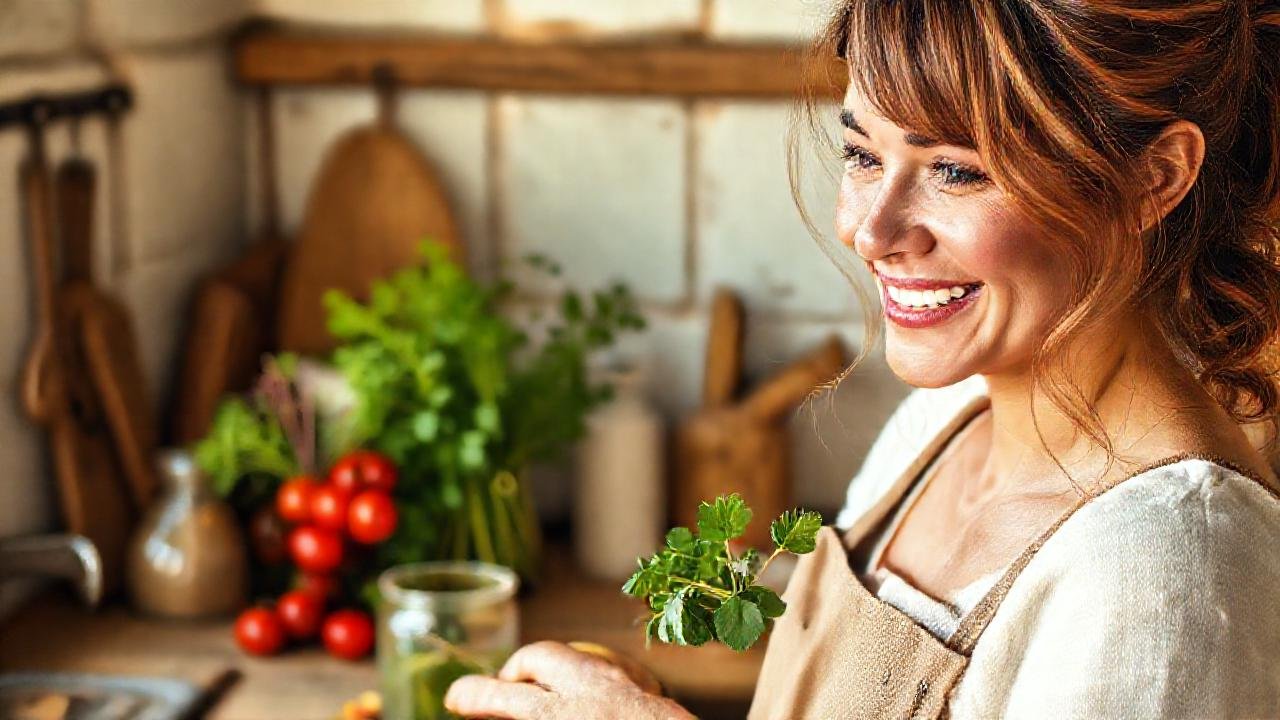 Una mujer feliz cocina con sencillez