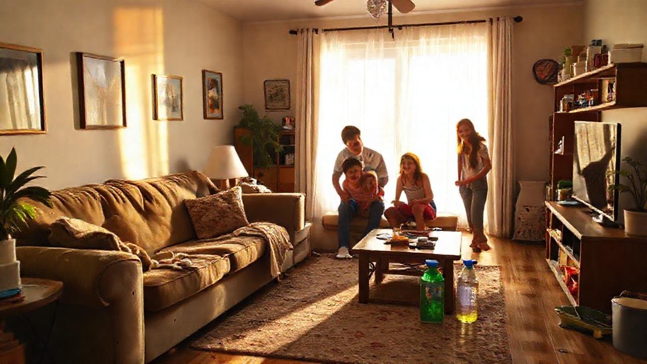 Familia feliz en un hogar limpio