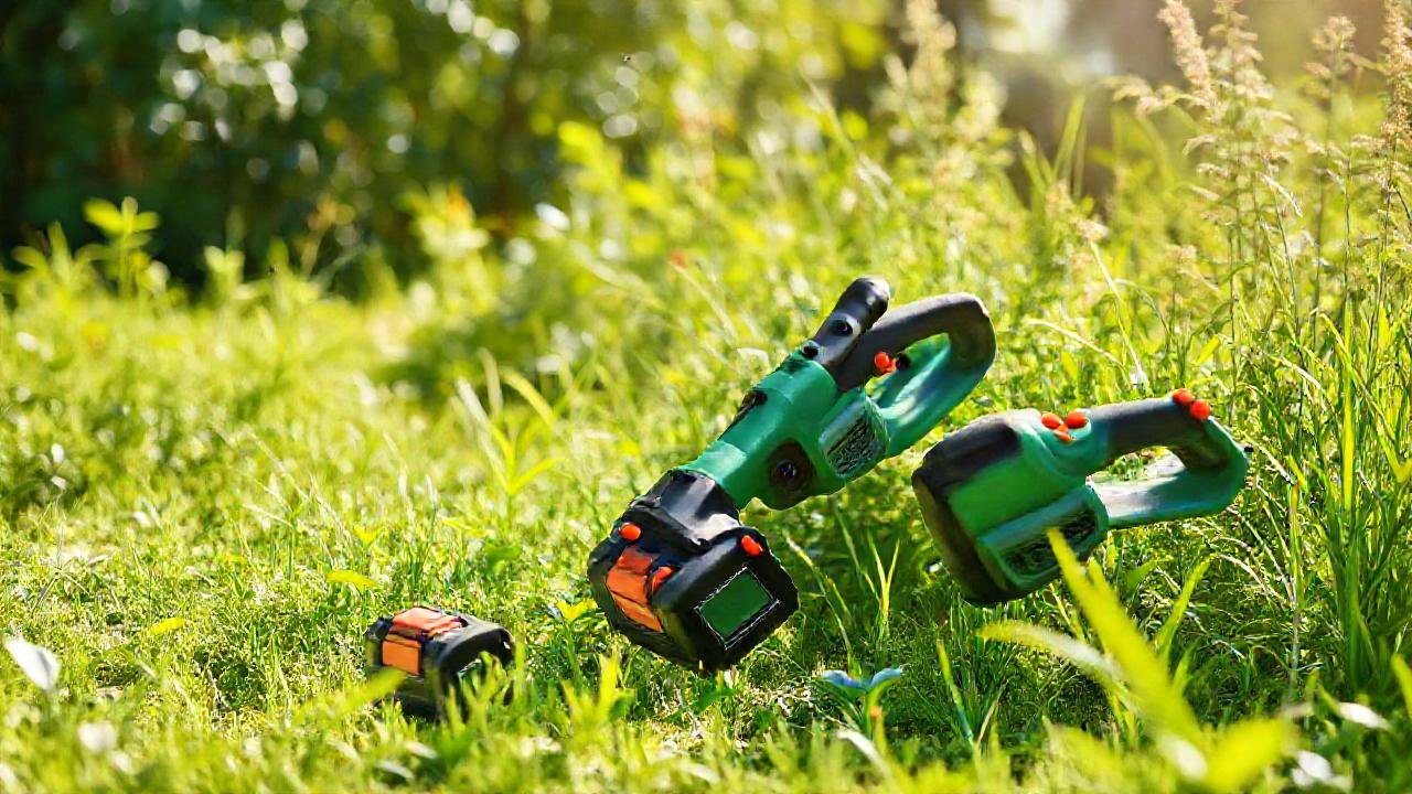 Cortacésped eléctrico ilumina un jardín exuberante