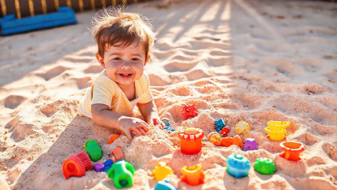 Un niño feliz disfruta del arenero brillante