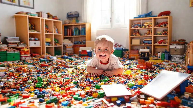 Niño feliz en un caos creativo