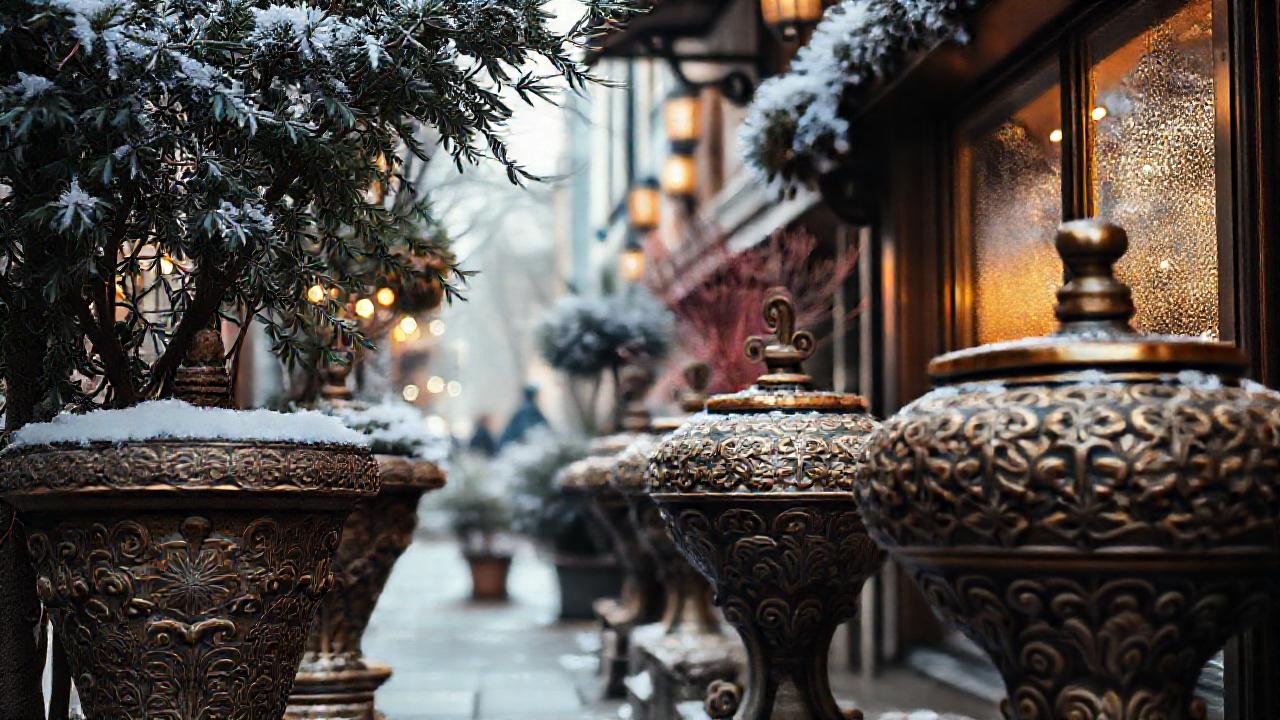 Poteras ornamentales iluminan la calle invernal