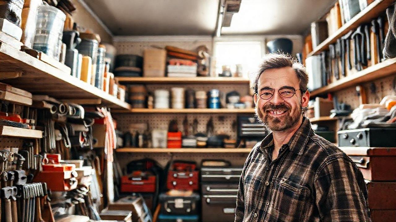 Un hombre feliz organiza sus herramientas