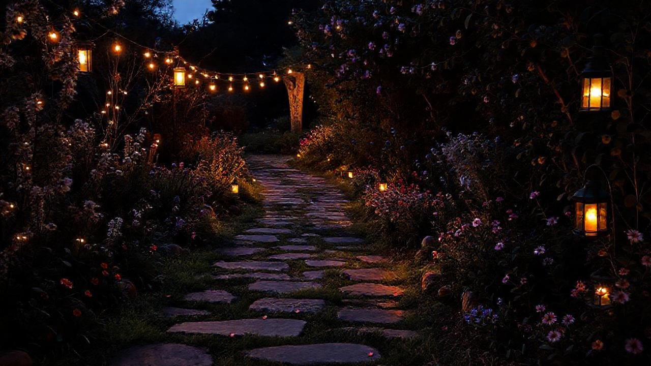 Un jardín sereno con luz tenue