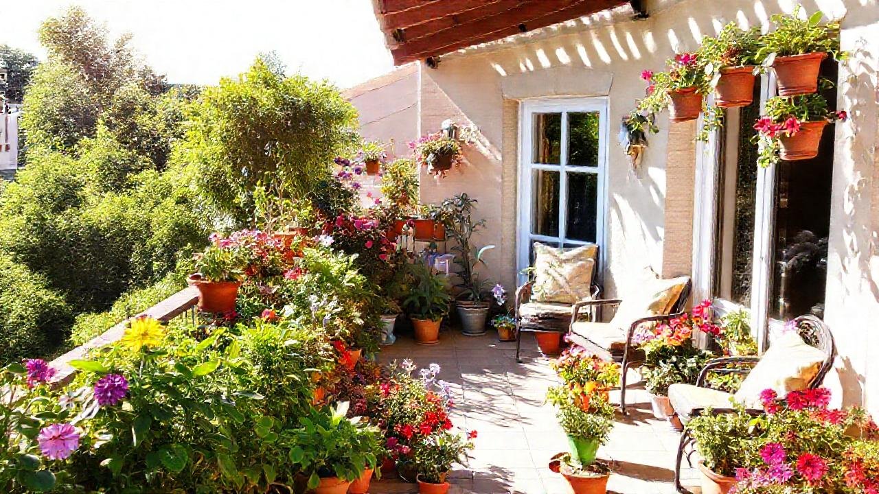 Un balcón terasado ofrece un oasis vibrante