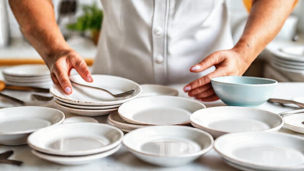 Platos cerámicos y manos felices en cocina
