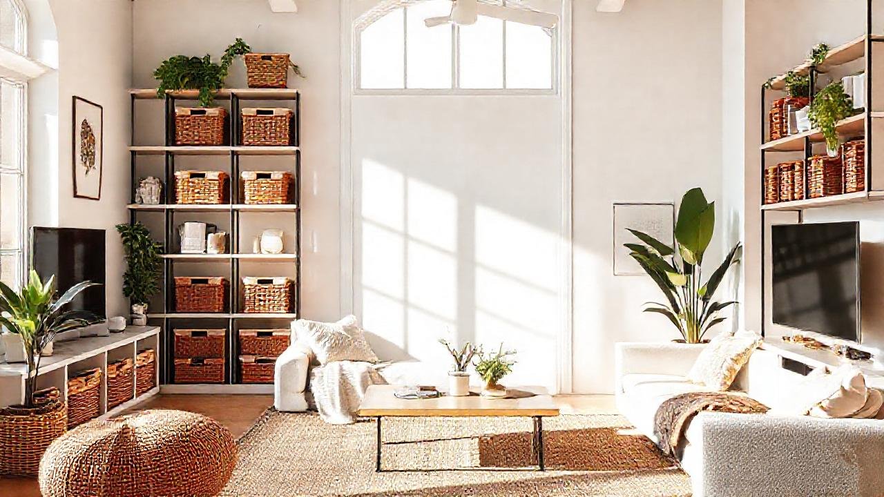 Un salón luminoso y minimalista acogedor