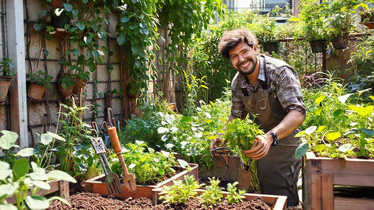 Un jardinero feliz cultiva vida orgánica