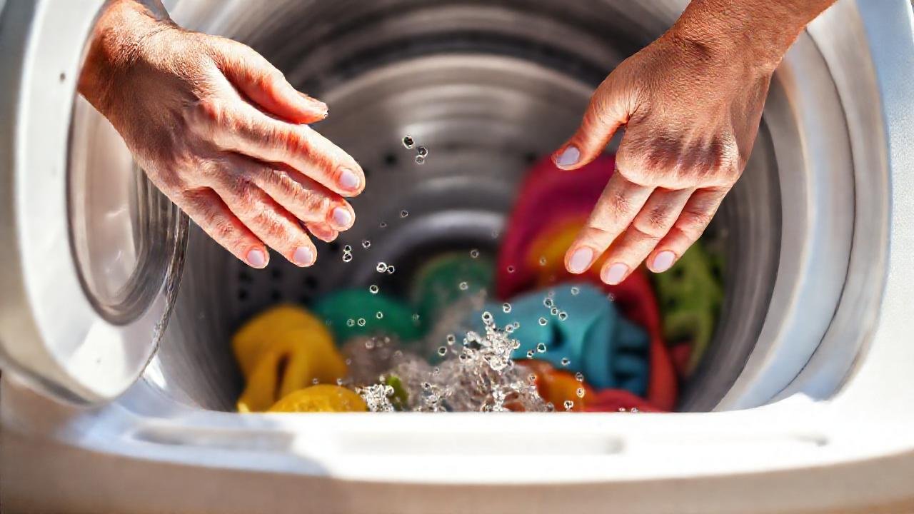 Una lavadora brillante con ropa colorida