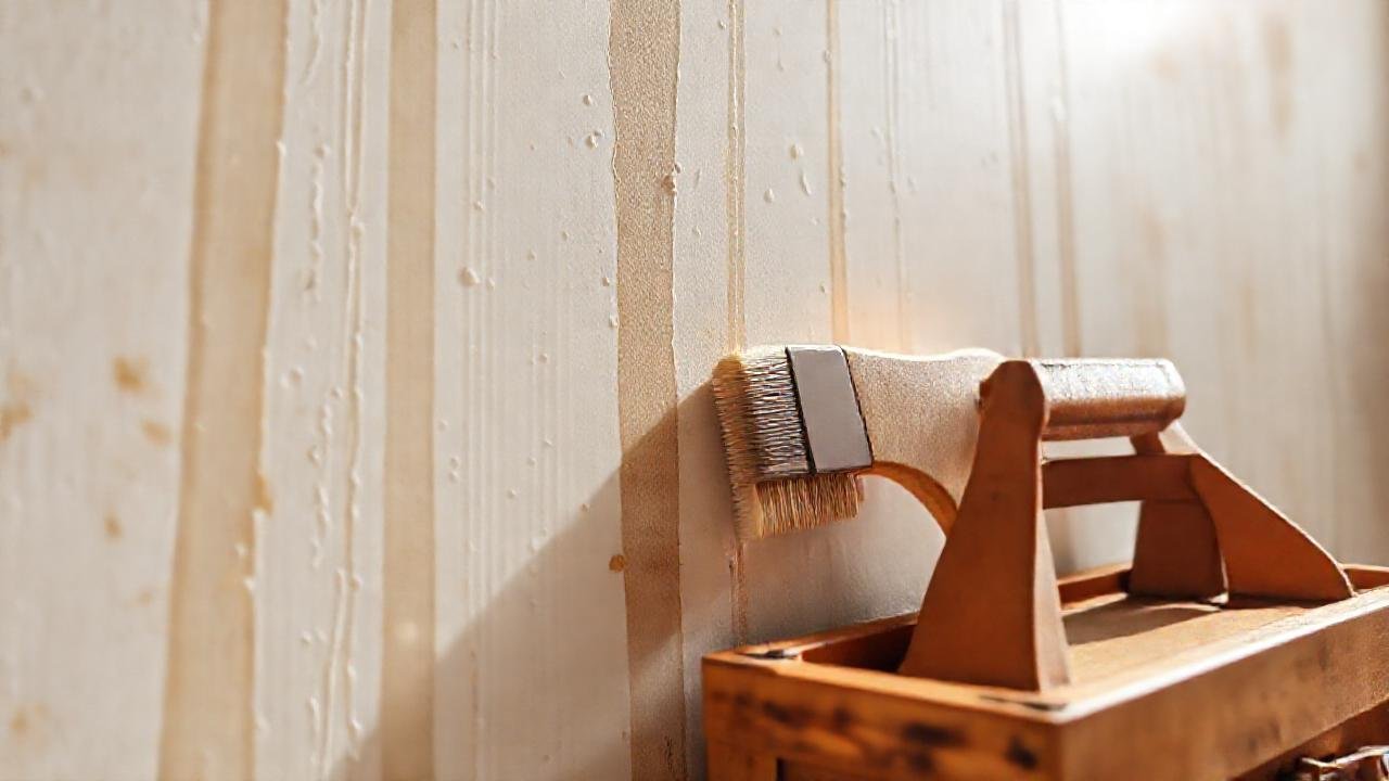 Un artesano feliz restaura un papel pintado