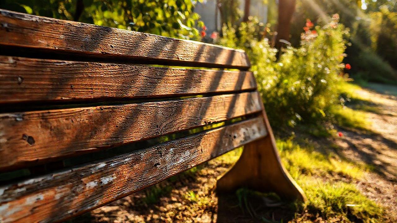 Banco de madera antiguo, luz dorada