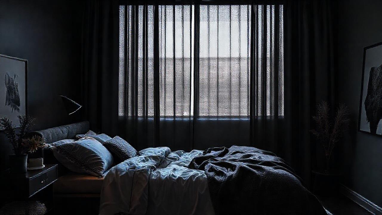Un dormitorio oscuro, moderno y acogedor