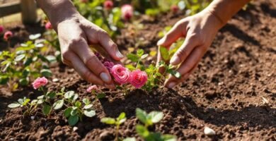Semillas de rosa florecen en jardín fértil