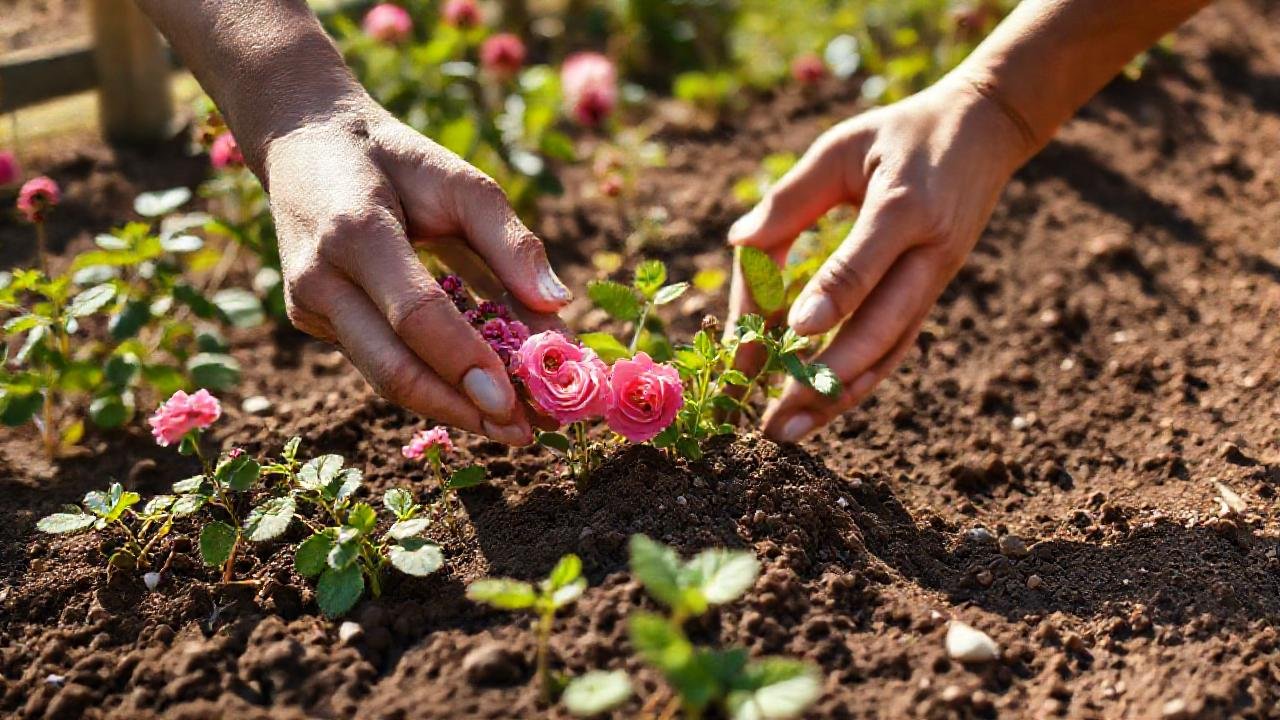 Semillas de rosa florecen en jardín fértil