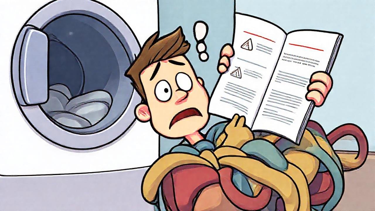 Lavadora confusa con ropa enredada