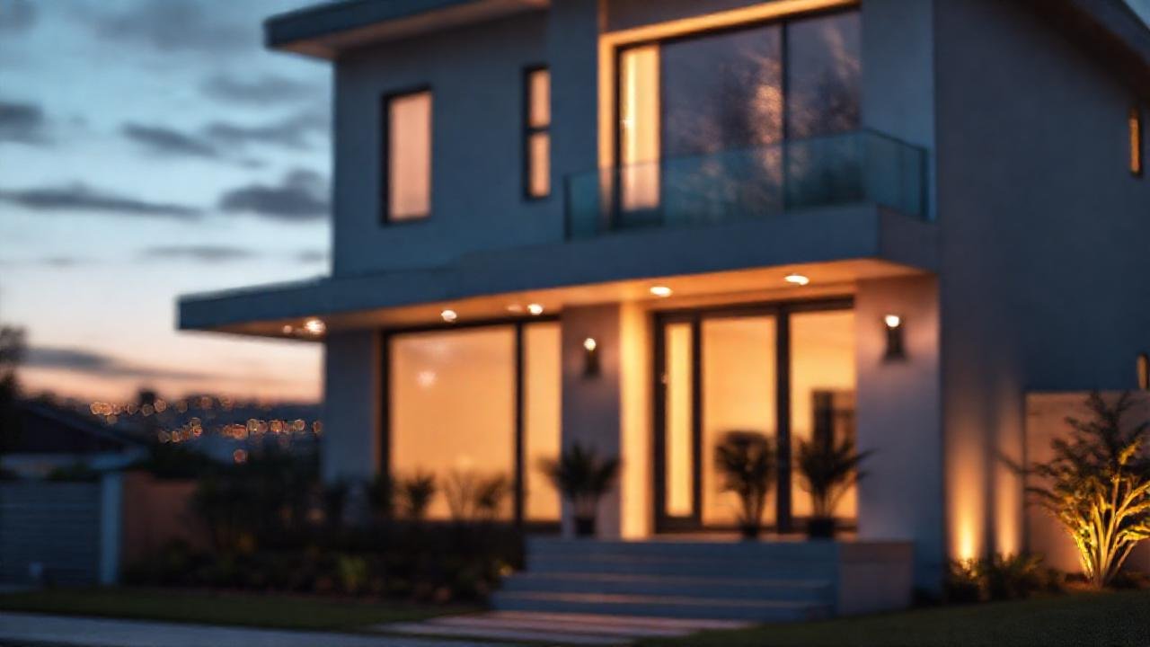 Casa moderna brilla con luz cálida