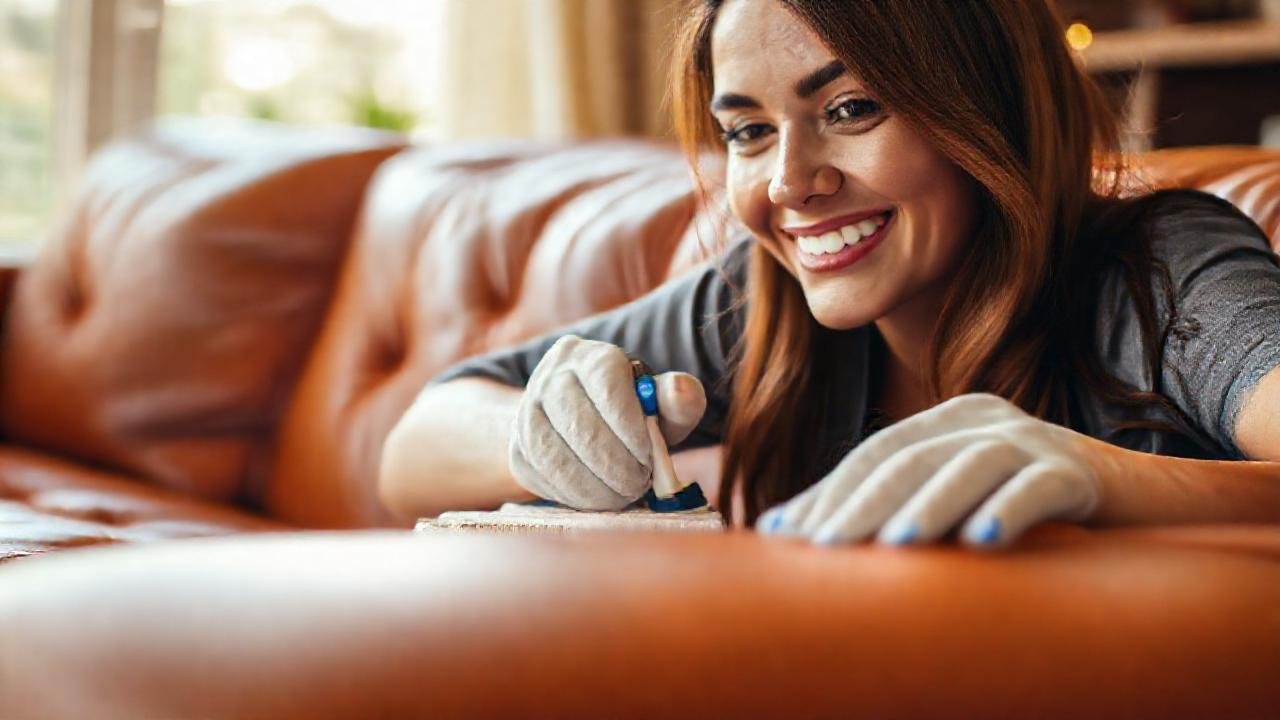 Sofá de cuero lujoso brilla invitadoramente