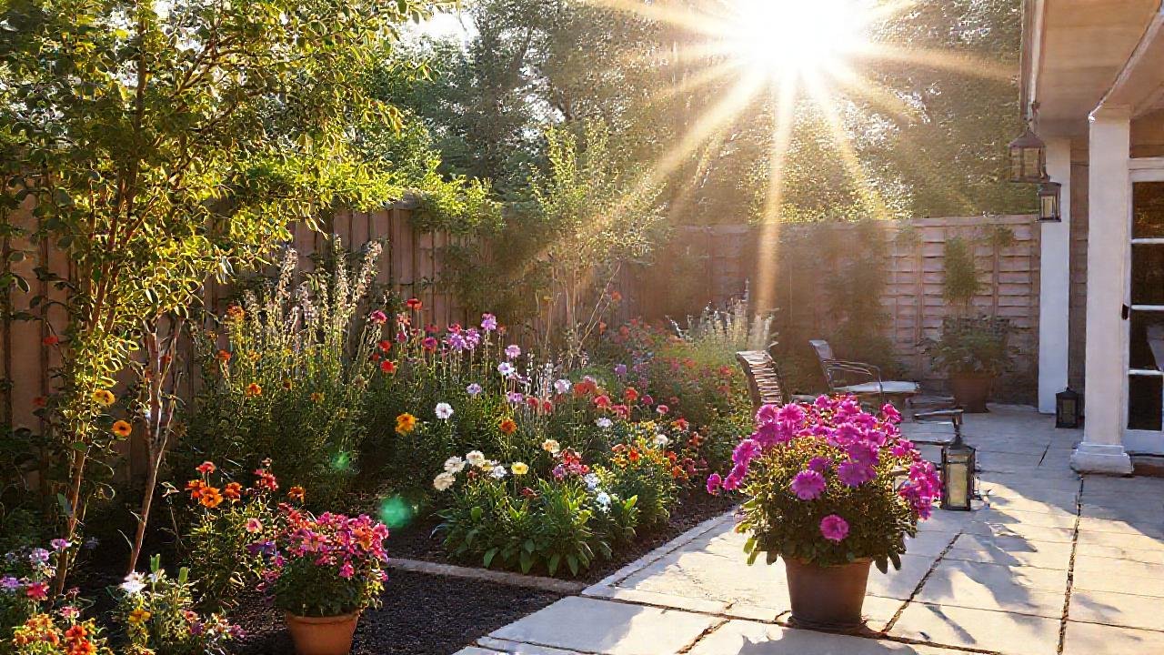 Jardín soleado, tranquilo y elegante