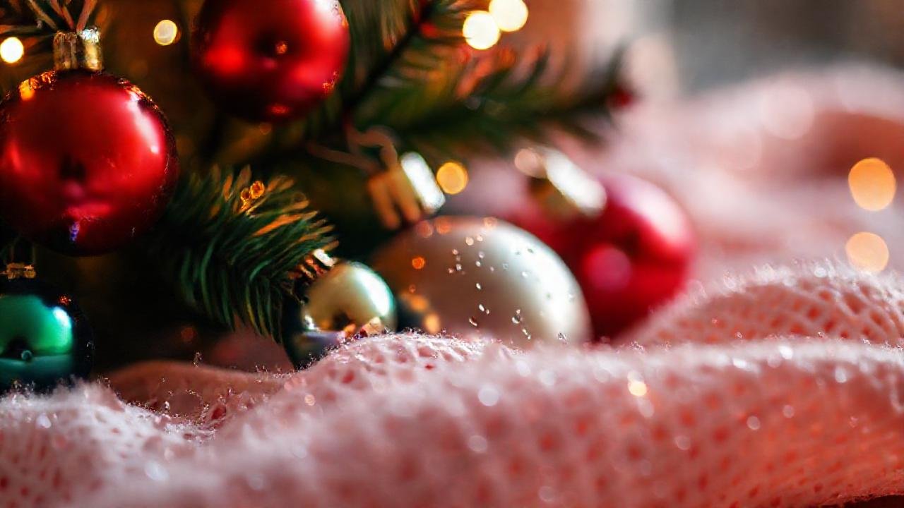 Luces cálidas reflejan adornos navideños brillantes