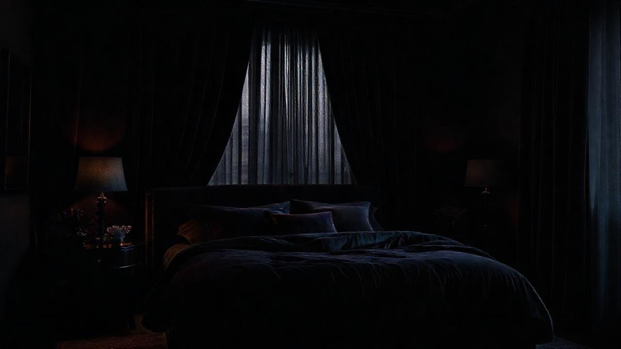 Un dormitorio oscuro y lujoso, sofisticado