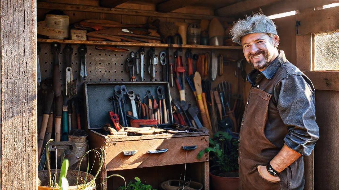 Un jardinero feliz disfruta de herramientas ordenadas