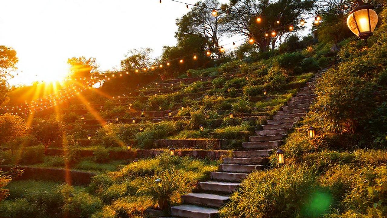 Jardín escalonado, cálido y acogedor al atardecer