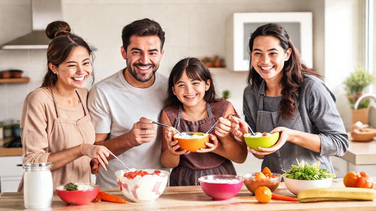 Una familia feliz prepara yogur