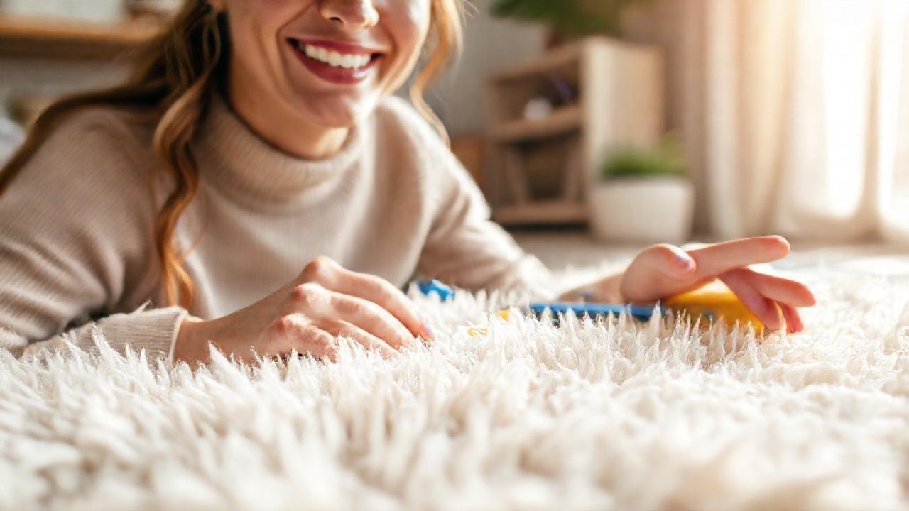 Mujer limpia suave alfombra bajo el sol