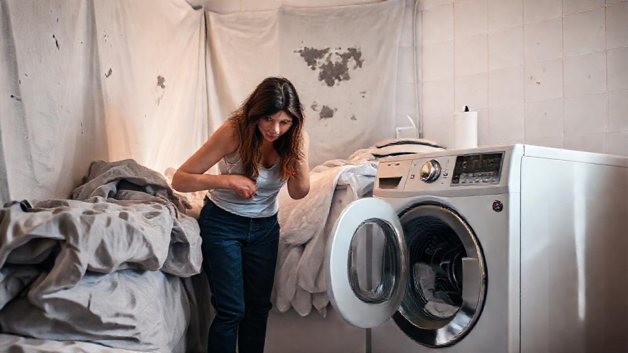 Una mujer frustrada busca limpieza en la lavandería