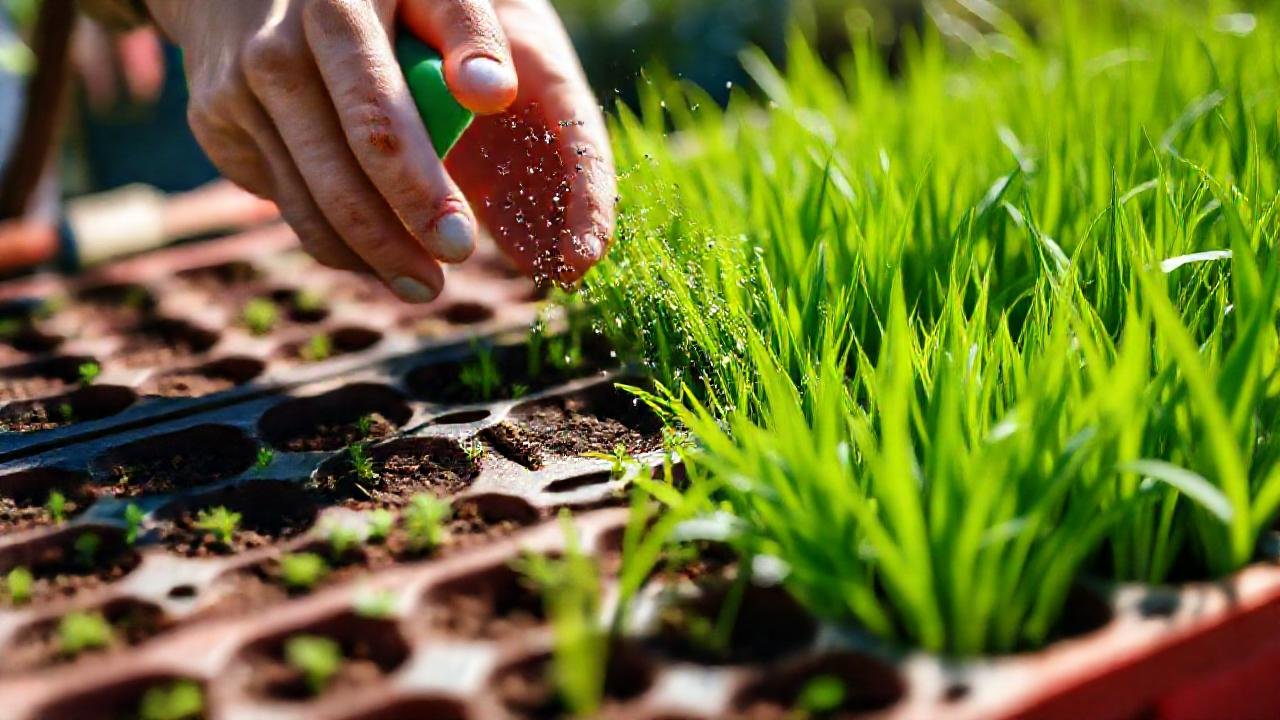 Hombres cultivan hierba verde con fertilizante