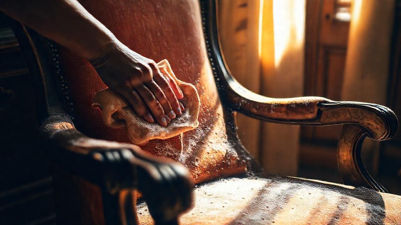 Una mano acaricia un sillón antiguo