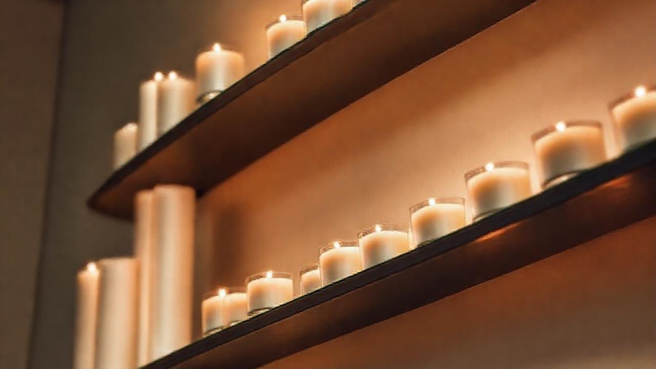 Estanterías elegantes iluminan velas cálidas